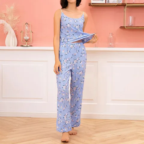 Women's Floral Print Viscose Pajama Set Spaghetti Strap Cami Top And Bottom Sleepwear Home Lounge Suit