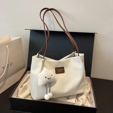Fashion Minimalist Woven Texture Tote Bag Women Large Capacity PU Leather Shoulder Bag With Cloud Pendant Commute Handbag