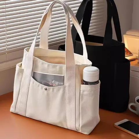 Large Capacity Canvas Tote Bag for Women Minimalist Students Handbag with Side Pockets Zipper Shoulder Bag for Commute