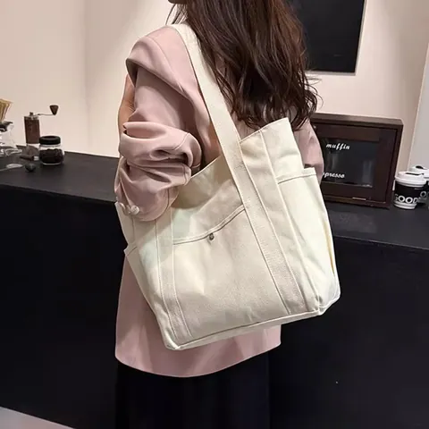 Large Capacity Canvas Tote Bag for Women Minimalist Students Handbag with Side Pockets Zipper Shoulder Bag for Commute