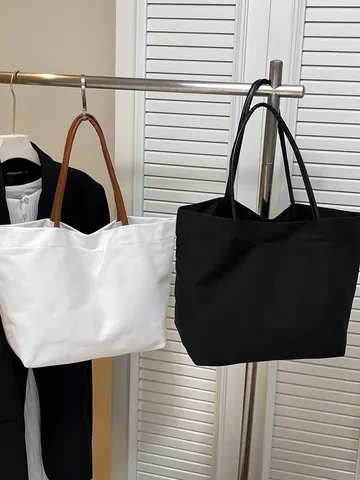 Women Large Capacity Canvas Tote Bag Minimalist Japanese Style Bucket Shoulder Bag Casual Daily Travel Handbag For Girls