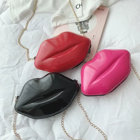 Lip Shaped Patent Leather Chain Crossbody Bag for Women Fashion Mini Candy Color Shoulder Bag Party Purse Casual Clutch