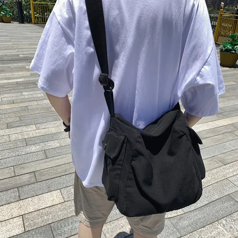 Japanese Harajuku Style Large Capacity Canvas Crossbody Bag For Men Students Solid Color Messenger Bag Casual Shoulder Bag