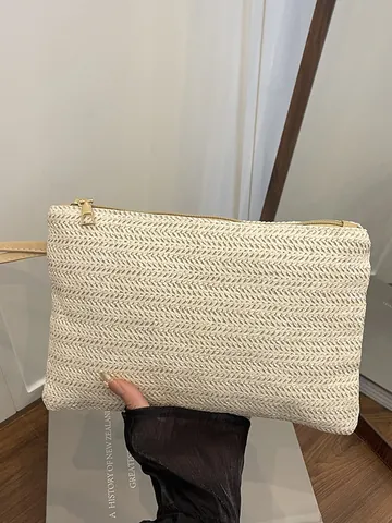 Women Woven Straw Clutch Bag Small Summer Beach Holiday Wristlet Handbag Simple Zipper Mobile Phone Purse For Women