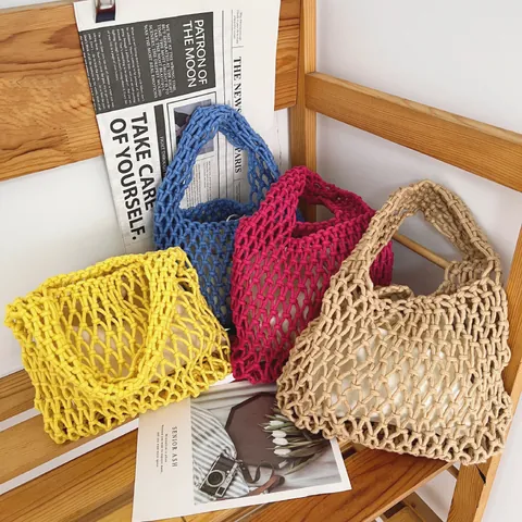 Handmade Korean Style Woven Cotton Rope Mesh Handbag Women Hollow Bucket Wrist Bag Beach Vacation With Inner Bag