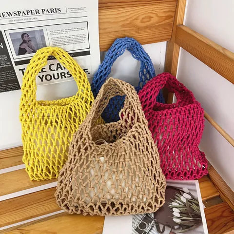 Handmade Korean Style Woven Cotton Rope Mesh Handbag Women Hollow Bucket Wrist Bag Beach Vacation With Inner Bag
