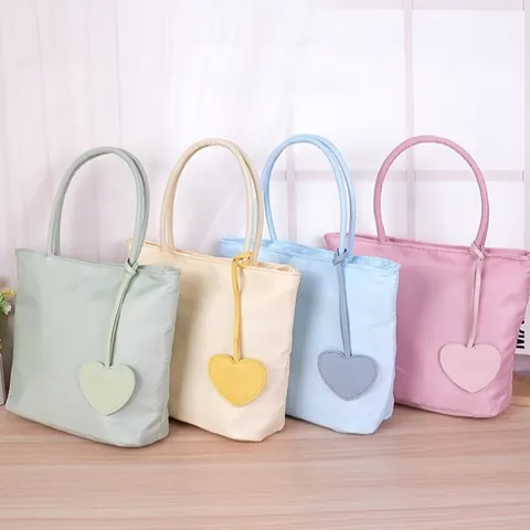Dopamine Color Nylon Tote Bag With Heart Pendant Minimalist Double Handle Handbag For Women Daily Casual Top Handle Bag