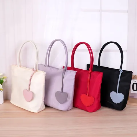 Dopamine Color Nylon Tote Bag With Heart Pendant Minimalist Double Handle Handbag For Women Daily Casual Top Handle Bag