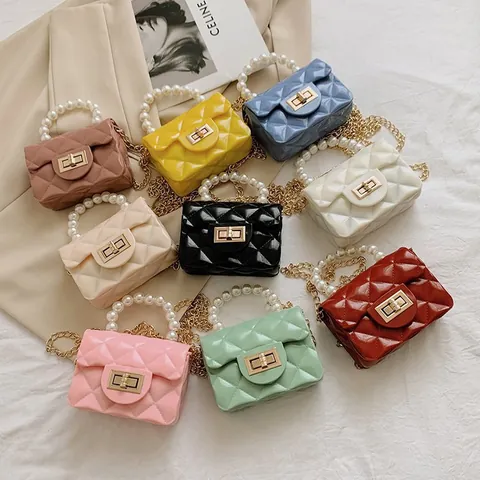 Mini PVC Jelly Bag For Kids Girls Diamond Lattice Handbag With Pearl Handle Golden Metal Chain Shoulder Crossbody Bag