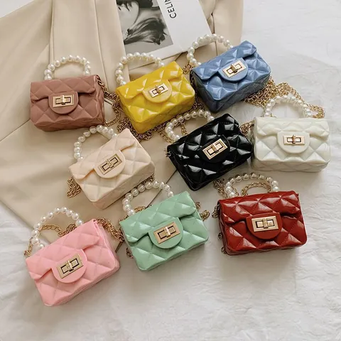 Mini PVC Jelly Bag For Kids Girls Diamond Lattice Handbag With Pearl Handle Golden Metal Chain Shoulder Crossbody Bag