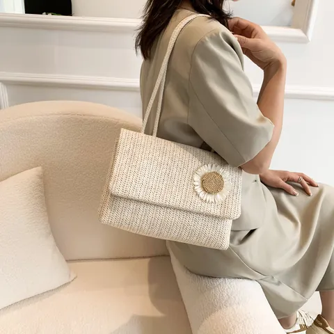 Women Summer Flower Straw Woven Shoulder Bag Handmade Floral Beach Handbag Casual Vacation Straw Crossbody Bag For Women