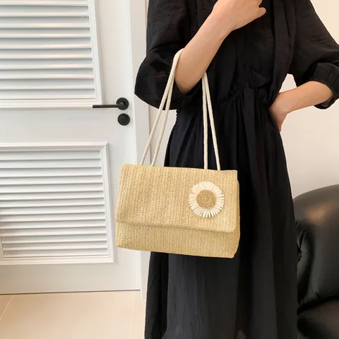 Women Summer Flower Straw Woven Shoulder Bag Handmade Floral Beach Handbag Casual Vacation Straw Crossbody Bag For Women