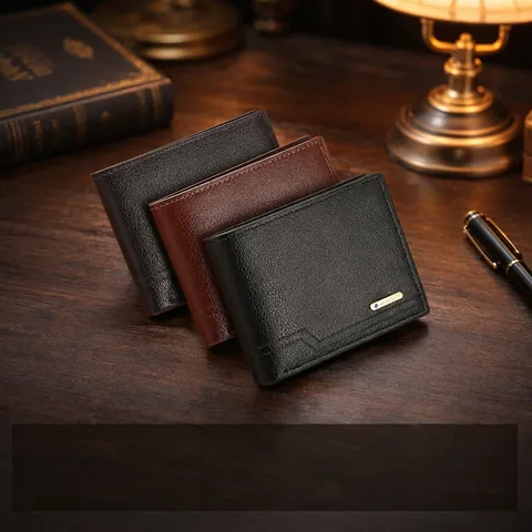 Men Short Wallet Lychee Pattern PU Leather Bifold Multi Card Slots Large Capacity Vintage Leisure Purse