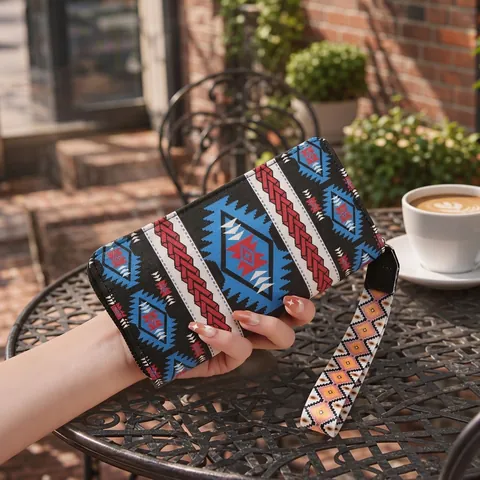 Portafoglio Lungo Con Cerniera Stampa Bohémien Per Donna Grande Capacità Motivo Tribale Geometrico Pelle PU Borsa A Mano Con Cinturino Da Polso