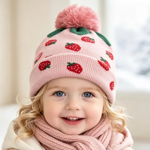 Gorro De Punto Jacquard De Fresa Acrílico Cálido Invierno Pompon Para Niñas Pequeñas