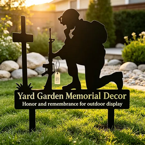 Fallen Soldier Memorial Garden Stake Black Stainless Steel Silhouette Outdoor Yard Lawn Military Tribute Plaque