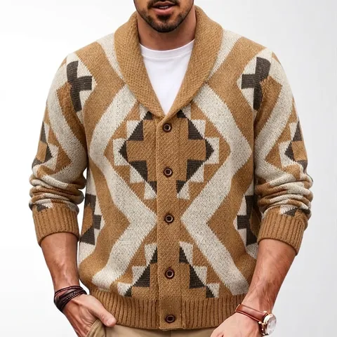 Men's Vintage Geometric Jacquard Knit Cardigan Shawl Collar Thick Polyester Long Sleeve Single-Breasted Sweater Top