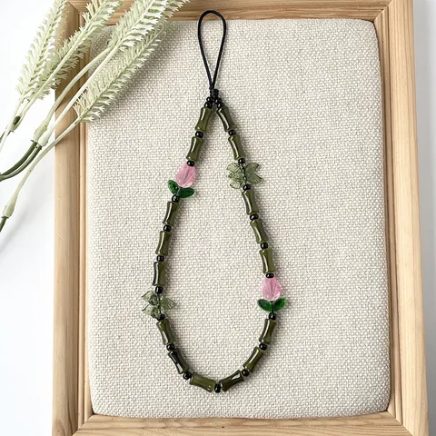 Handmade Phone Chain Lanyard Acrylic Glass Bamboo Knot Beads Flower Vintage Chinese Style Lucky Charm Accessory