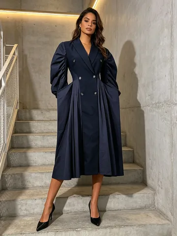 Women Elegant Navy Blue Trench Coat Double Breasted Puff Sleeve Long Windbreaker Jacket Fashion Autumn Outerwear