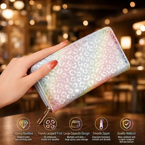 Cartera Larga De Mujer Con Cremallera Estampado De Leopardo Brillo Cuero PU Gran Capacidad Monedero Para Teléfono