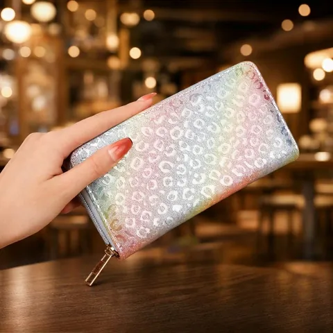 Portefeuille Long Femme Fermeture Éclair Motif Léopard Paillettes Cuir PU Grande Capacité Pochette Pour Téléphone