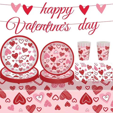 Valentine's Day Red Heart Party Decoration Tableware Set Paper Plates Napkins Cups Tablecloth Heart Banner Romantic Supplies