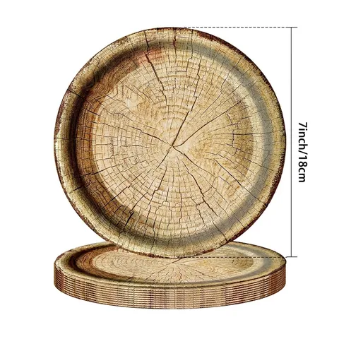 Disposable Wood Grain Paper Plates Retro Tree Ring Pattern Round Party Tableware For Camping Birthday Picnic Banquet Dinnerware