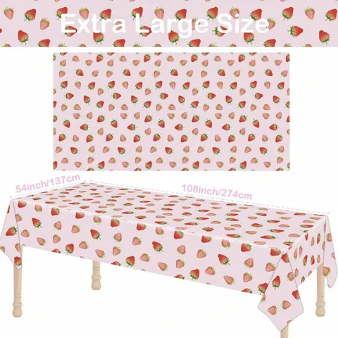 Pink Strawberry Disposable PE Tablecloth Rectangular Party Table Decoration For Kids Birthday Picnic Small Fresh Style Waterproof Cover