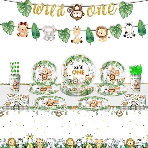 Jungle Wild Animal Theme Disposable Party Tableware Set Wild One 1st Birthday Paper Plates Cups Napkins For Kids Safari Party