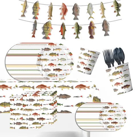 Fishing Theme Party Decorations Tableware Set Fish Pattern Paper Plates Napkins Cups Tablecloth Bunting Birthday Supplies