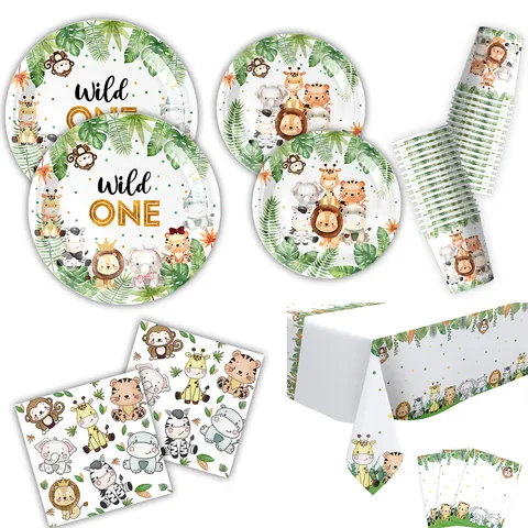 Jungle Wild Animal Theme Disposable Party Tableware Set Wild One 1st Birthday Paper Plates Cups Napkins For Kids Safari Party