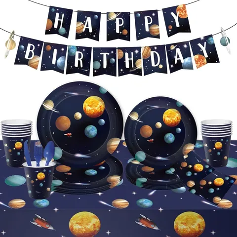 Outer Space Galaxy Party Supplies Astronaut Birthday Decorations Planets Paper Plates Cups Napkins Tablecloth Cutlery Kit