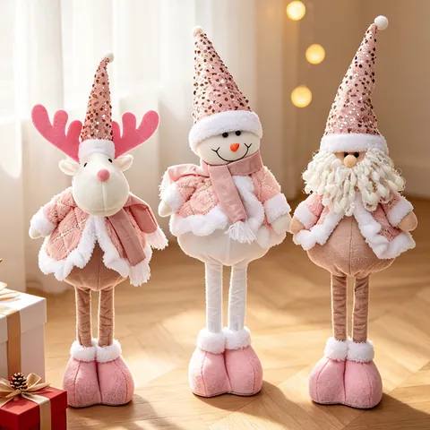Christmas Plush Doll Telescopic Standing Toy Pink Sequin Santa Snowman Reindeer Holiday Window Decoration Knitted Fabric Ornament
