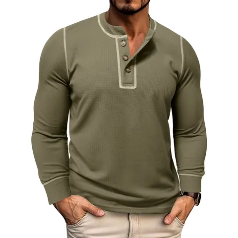 Men's Waffle Knit Long Sleeve Henley Top Slim Fit Polyester Base Layer Solid Color Casual Urban Fashion T-Shirt