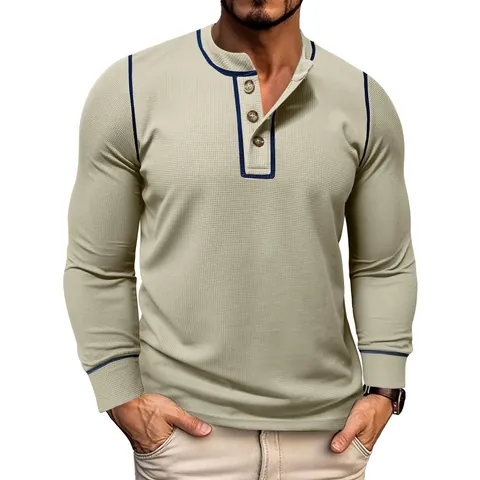 Men's Waffle Knit Long Sleeve Henley Top Slim Fit Polyester Base Layer Solid Color Casual Urban Fashion T-Shirt