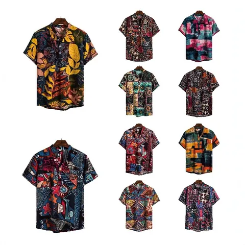Heren Indiase Etnische Stijl Linnenmix Korte Mouw Overhemd Retro Henley Staande Kraag Zomer Casual Tribal Bloemen Bedrukt Vakantie Strand Top