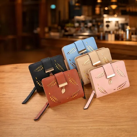 Women Small Bifold Wallet PU Leather Hollow Leaf Design Fashion Short Card Holder With Metal Pendant Zipper Coin Purse