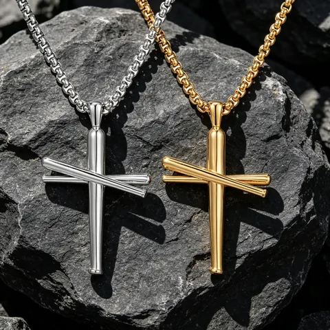 Stainless Steel Baseball Bat Cross Pendant Necklace For Men Hip Hop Sporty Fashion Jewelry