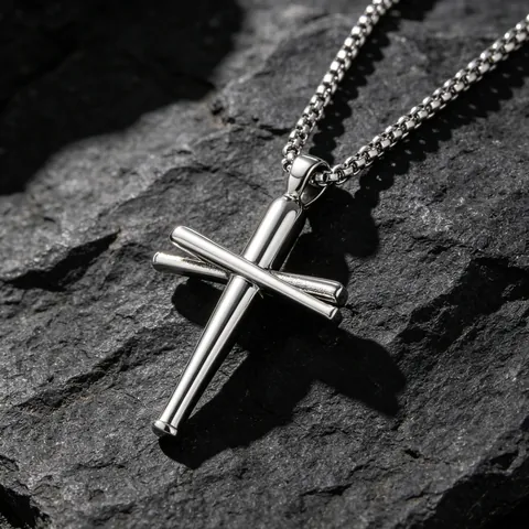 Stainless Steel Baseball Bat Cross Pendant Necklace For Men Hip Hop Sporty Fashion Jewelry