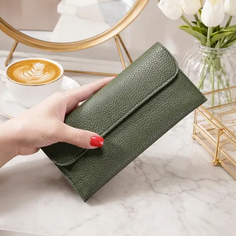 Women Long Wallet Pebbled PU Leather Large Capacity Phone Purse Envelope Clutch Solid Color Elegant