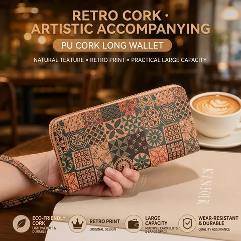 Women Long Wallet Cork Pattern PU Leather Zipper Clutch Wristlet Bag Large Capacity Ethnic Floral Print Vintage Organizer
