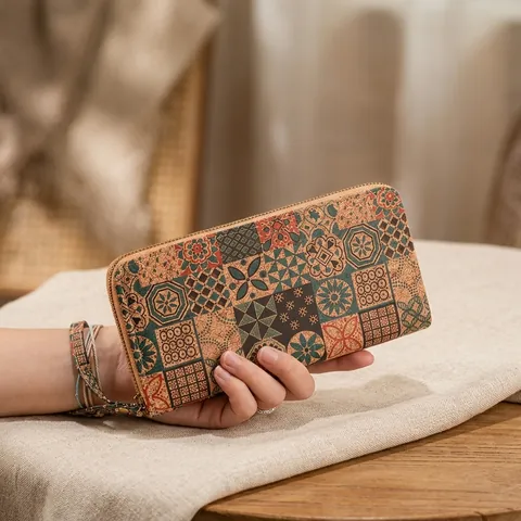 Damen Langes Portemonnaie Korkmuster PU Leder Reißverschluss Clutch Handgelenktasche Große Kapazität Ethnisch Blumendruck