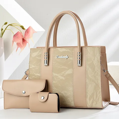 Damen Handtasche Tote Und Clutch Und Kartenhalter PU Leder Kontrastfarbe Faltenstruktur Modisch Alltag