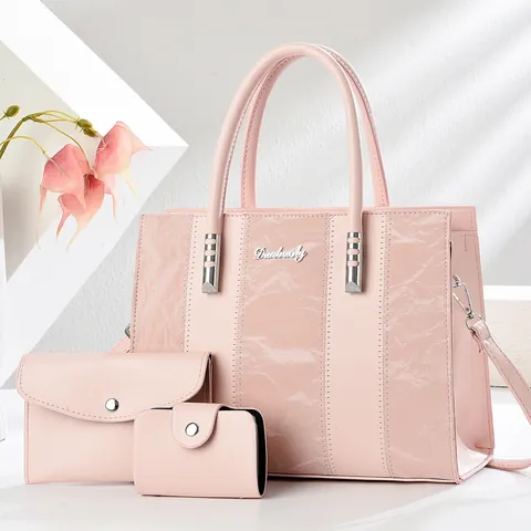 Damen Handtasche Tote Und Clutch Und Kartenhalter PU Leder Kontrastfarbe Faltenstruktur Modisch Alltag