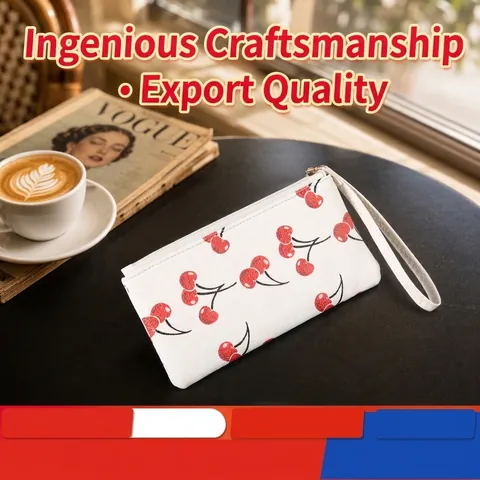 Women Long Clutch Wallet Litchi Grain PU Leather Wristlet Purse With Zipper Fruit Strawberry Cherry Lips Print Retro