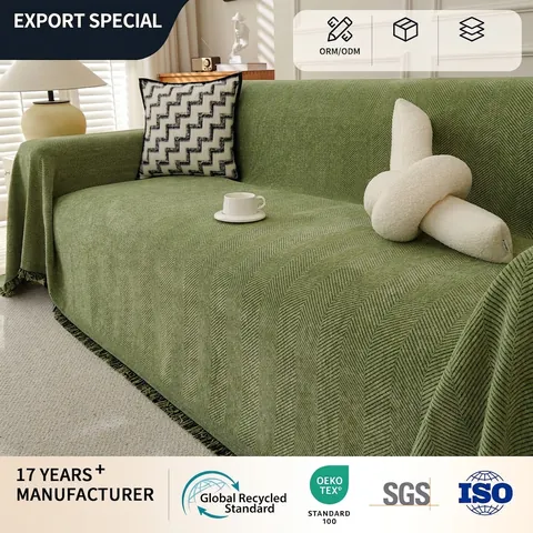 Chenille Herringbone Sofa Cover Universal Sofa Towel With Tassel Fringe Solid Color Couch Throw Blanket Protective Slipcover