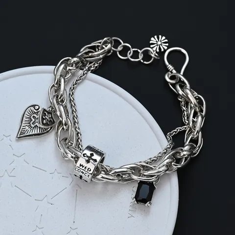 Vintage Gotische Gelaagde Koperen Armband Voor Vrouwen Retro Verzilverd Kruis Hart Zwarte Zirkoon Hanger Hip Hop Sieraden