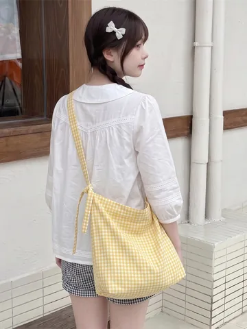 Gingham Checkered Crossbody Bag Polyester Canvas Large Capacity Bow Knot Strap Casual Daily Shoulder Tote For Women