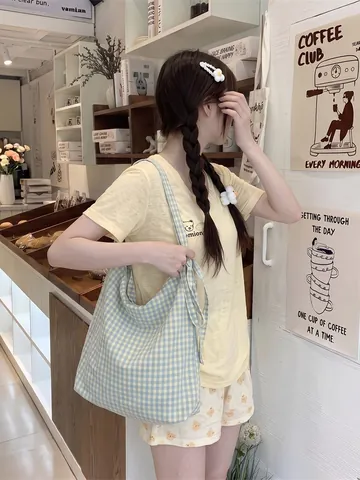 Gingham Checkered Crossbody Bag Polyester Canvas Large Capacity Bow Knot Strap Casual Daily Shoulder Tote For Women