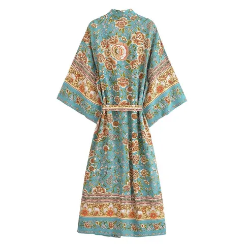 Women Bohemian Floral Printed Long Kimono Cardigan Viscose Wide Sleeve Belted Beach Cover Up Outerwear Streetwear